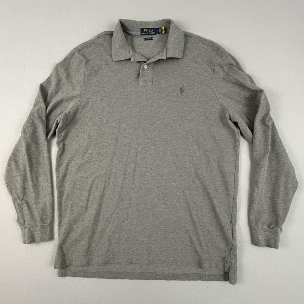 Polo Ralph Lauren Polo Shirt Mens Large Gray Classic Fit Long Sleeve Pique